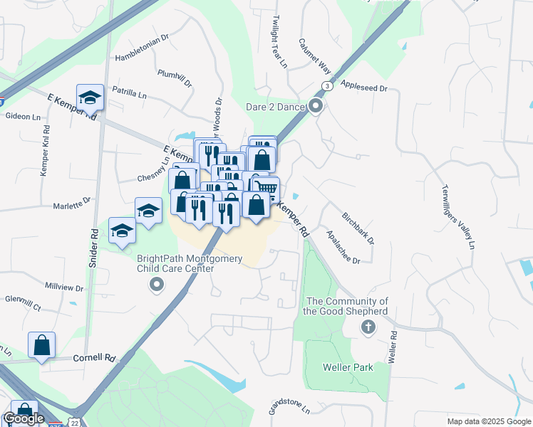 map of restaurants, bars, coffee shops, grocery stores, and more near 11390 Montgomery Road in Cincinnati