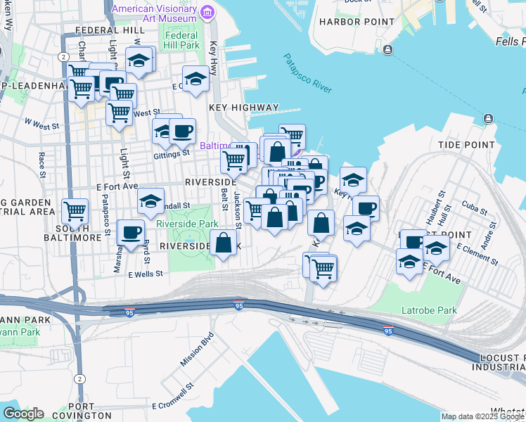 map of restaurants, bars, coffee shops, grocery stores, and more near 1517 Stack Street in Baltimore