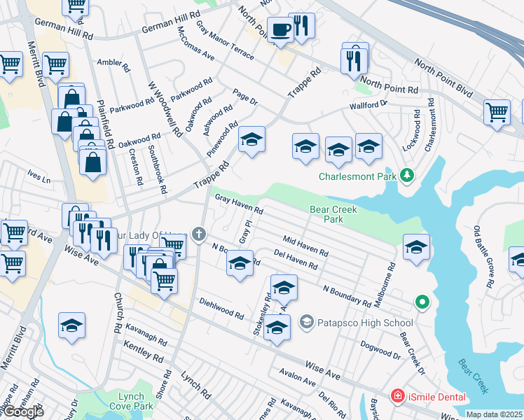 map of restaurants, bars, coffee shops, grocery stores, and more near 8014 Gray Haven Road in Dundalk