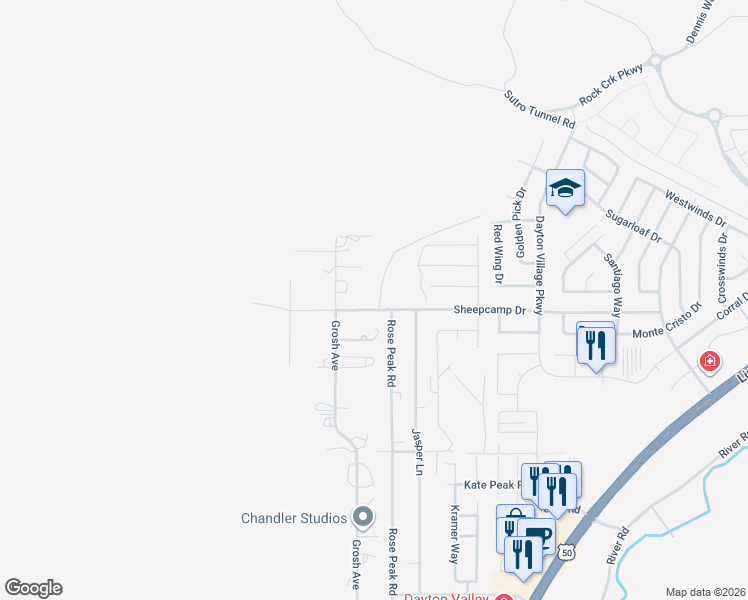 map of restaurants, bars, coffee shops, grocery stores, and more near 12 Sheep Camp Road in Dayton