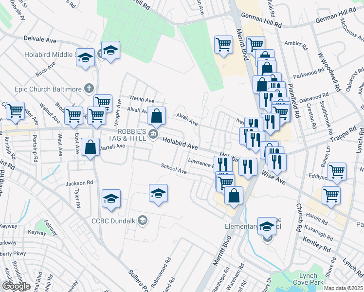 map of restaurants, bars, coffee shops, grocery stores, and more near 7411 Holabird Avenue in Dundalk