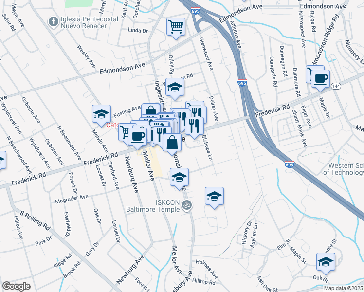 map of restaurants, bars, coffee shops, grocery stores, and more near 615 Frederick Road in Catonsville