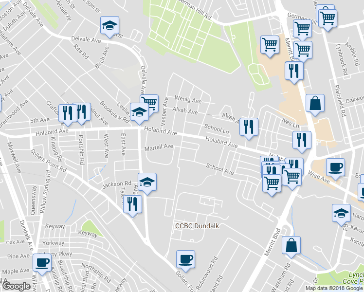 map of restaurants, bars, coffee shops, grocery stores, and more near 7306 Martell Avenue in Dundalk
