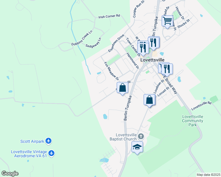 map of restaurants, bars, coffee shops, grocery stores, and more near 25 Mills Court in Lovettsville