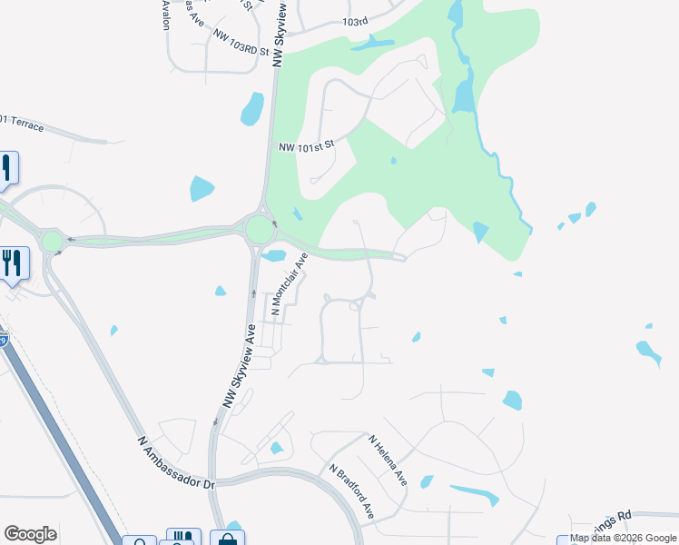 map of restaurants, bars, coffee shops, grocery stores, and more near 6009 Northwest Tiffany Springs Parkway in Kansas City