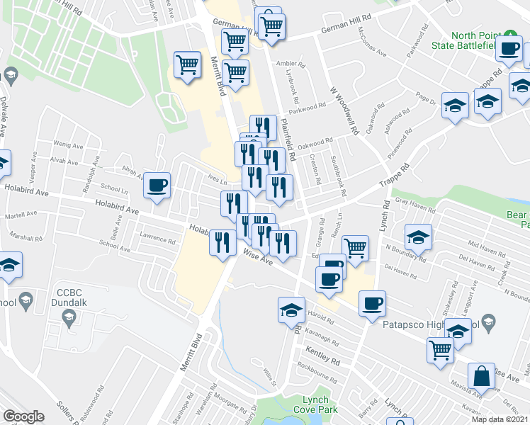 map of restaurants, bars, coffee shops, grocery stores, and more near 7707 Westfield Road in Dundalk
