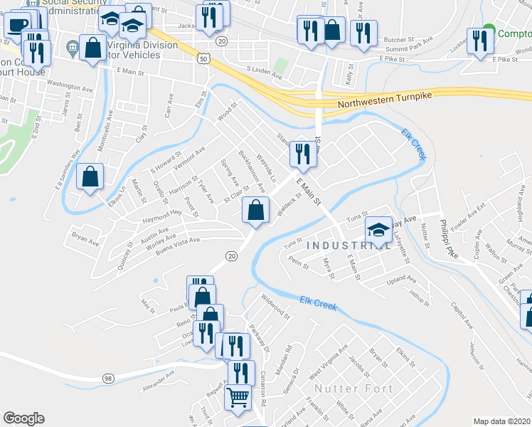 map of restaurants, bars, coffee shops, grocery stores, and more near 517 Buckhannon Avenue in Clarksburg