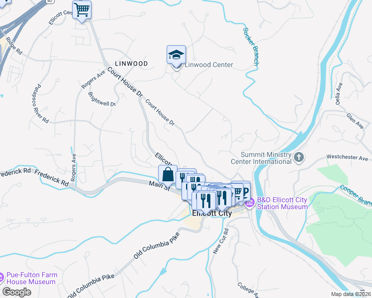 map of restaurants, bars, coffee shops, grocery stores, and more near 3612 Court House Drive in Ellicott City