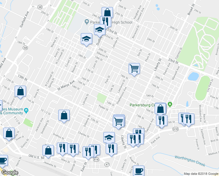 map of restaurants, bars, coffee shops, grocery stores, and more near 1605 Oak Street in Parkersburg