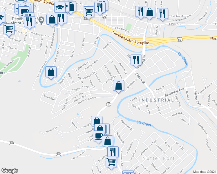 map of restaurants, bars, coffee shops, grocery stores, and more near 312 Hedge Street in Clarksburg
