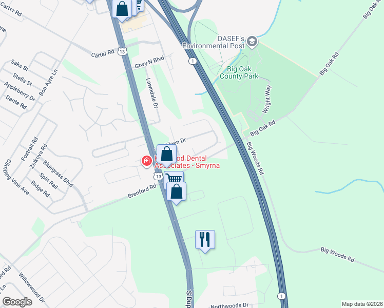 map of restaurants, bars, coffee shops, grocery stores, and more near 13 Katie Ann Court in Smyrna