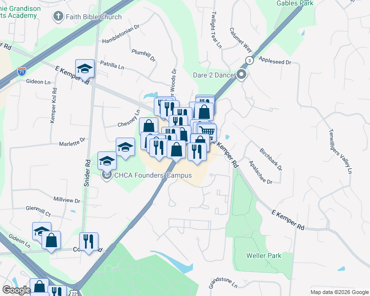 map of restaurants, bars, coffee shops, grocery stores, and more near in Sixteen Mile Stand