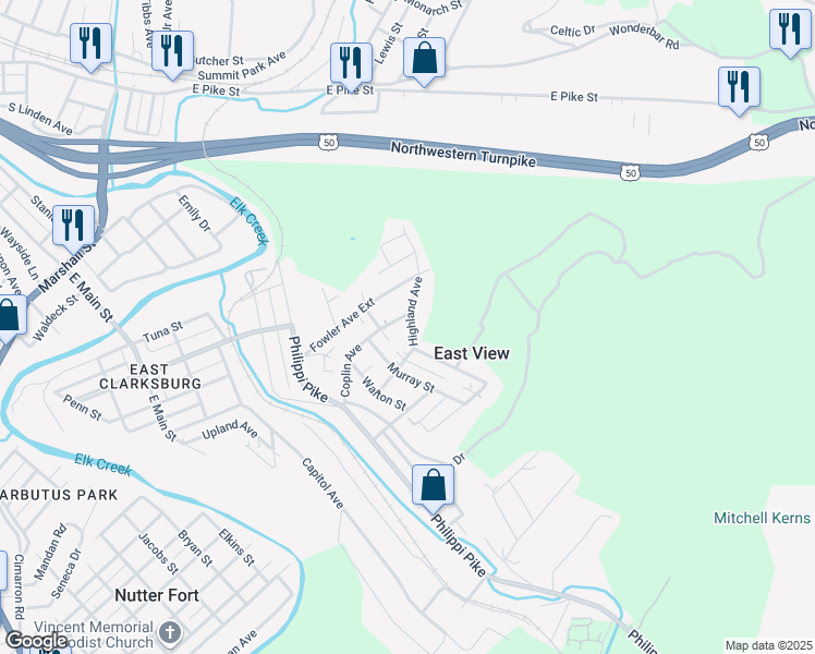 map of restaurants, bars, coffee shops, grocery stores, and more near 49 Calico Dr in Clarksburg