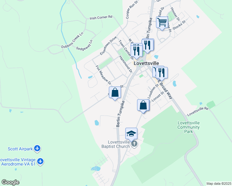 map of restaurants, bars, coffee shops, grocery stores, and more near 13 South Church Street in Lovettsville