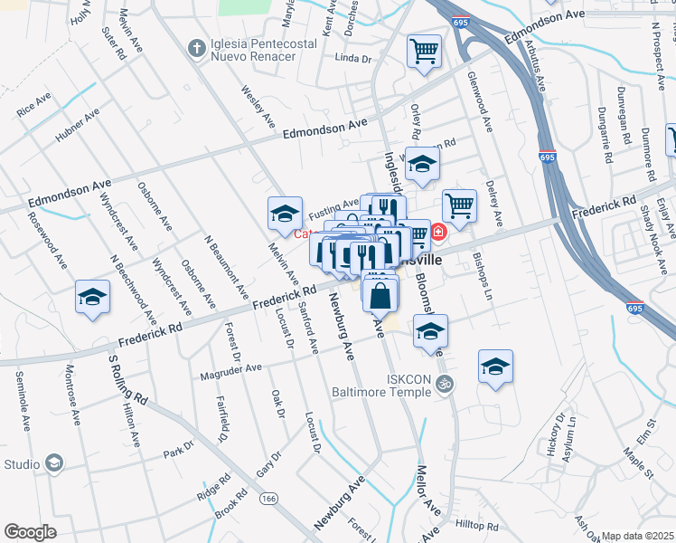 map of restaurants, bars, coffee shops, grocery stores, and more near 2 Winters Lane in Catonsville
