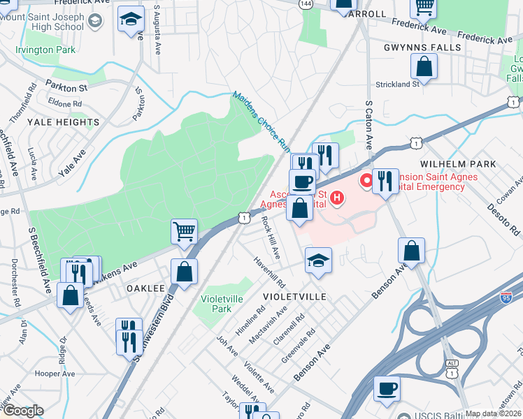 map of restaurants, bars, coffee shops, grocery stores, and more near Wilkens Ave & Rockhill Ave in Baltimore