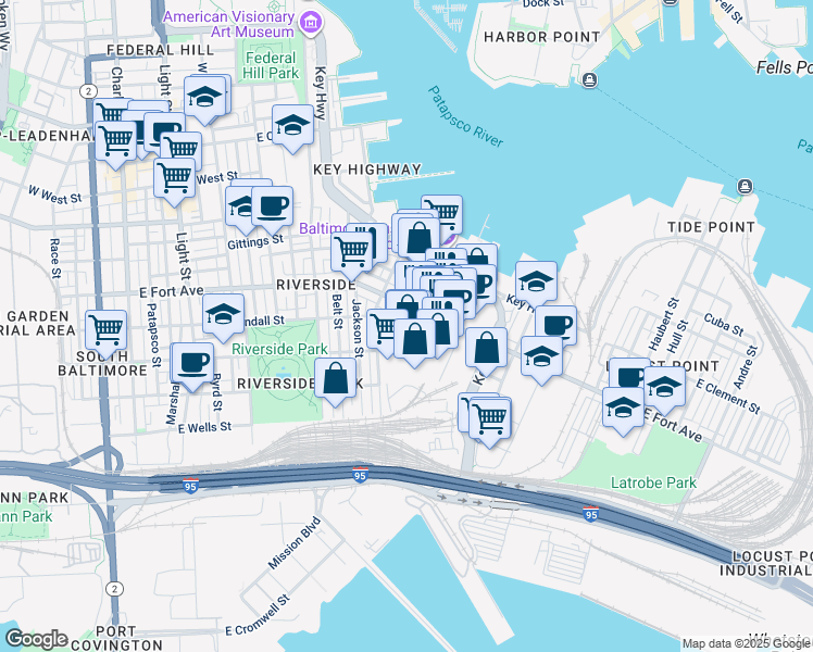 map of restaurants, bars, coffee shops, grocery stores, and more near 1516 Boyle Street in Baltimore