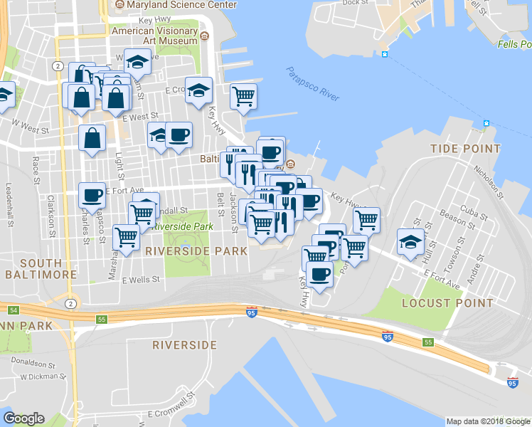 map of restaurants, bars, coffee shops, grocery stores, and more near 1516 Boyle Street in Baltimore