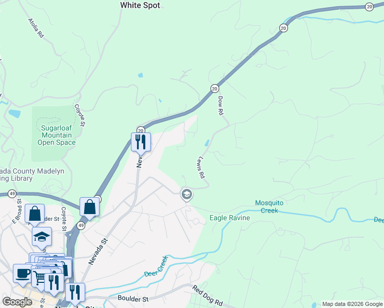 map of restaurants, bars, coffee shops, grocery stores, and more near 15148 Lewis Road in Nevada City