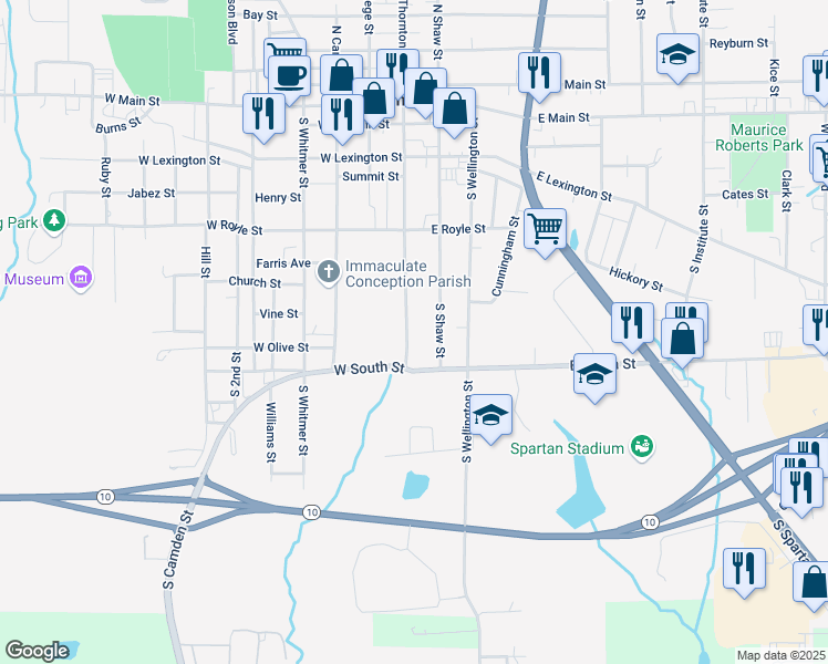 map of restaurants, bars, coffee shops, grocery stores, and more near 609 South Thornton Street in Richmond