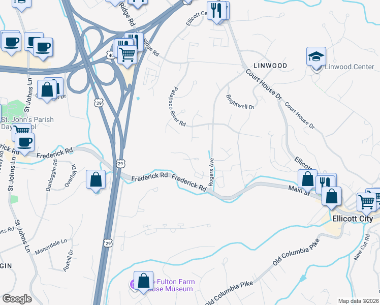 map of restaurants, bars, coffee shops, grocery stores, and more near 3792 Bonnybridge Pl in Ellicott City