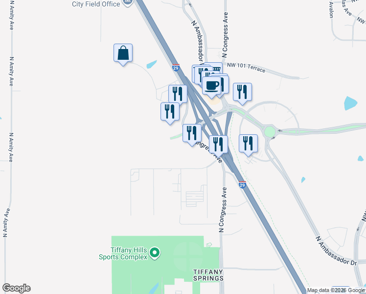 map of restaurants, bars, coffee shops, grocery stores, and more near 7901 Northwest Tiffany Springs Parkway in Kansas City