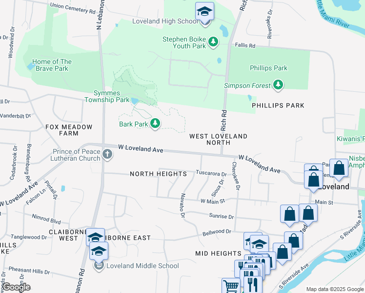 map of restaurants, bars, coffee shops, grocery stores, and more near 1316 West Loveland Avenue in Loveland