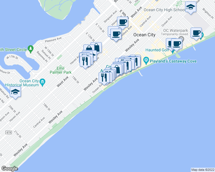 map of restaurants, bars, coffee shops, grocery stores, and more near 1336 Boardwalk in Ocean City