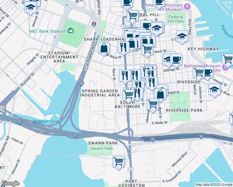 map of restaurants, bars, coffee shops, grocery stores, and more near 136 West Randall Street in Baltimore