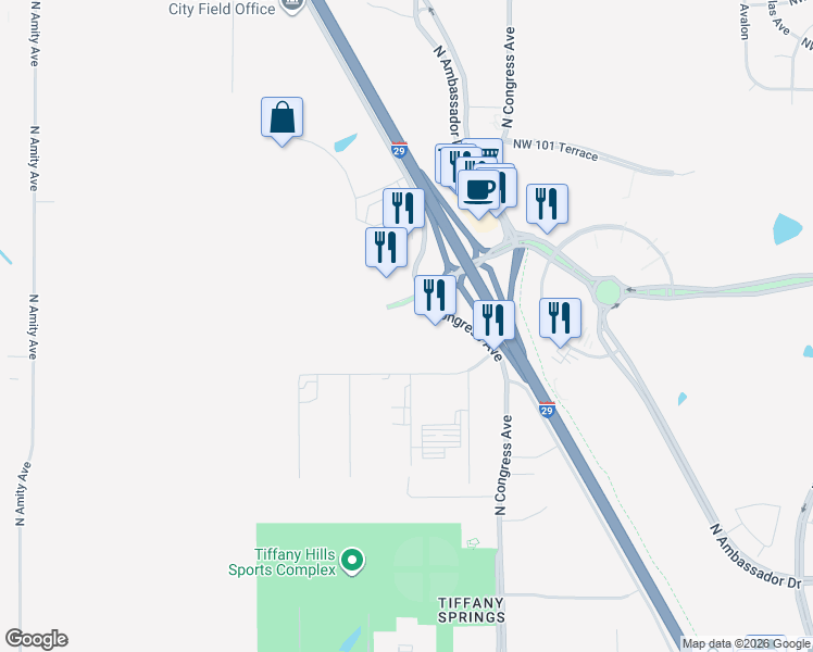 map of restaurants, bars, coffee shops, grocery stores, and more near 7901 Northwest Tiffany Springs Parkway in Kansas City