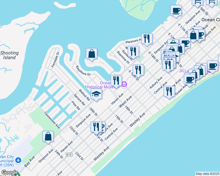 map of restaurants, bars, coffee shops, grocery stores, and more near 1 East 18th Street in Ocean City