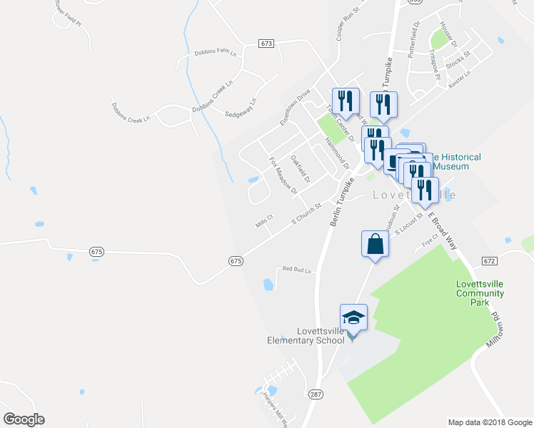 map of restaurants, bars, coffee shops, grocery stores, and more near 20 Mills Court in Lovettsville