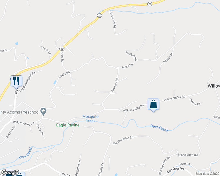 map of restaurants, bars, coffee shops, grocery stores, and more near 10842 Genasci Road in Nevada City
