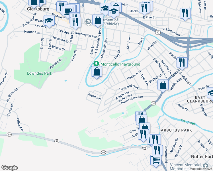 map of restaurants, bars, coffee shops, grocery stores, and more near 217 Haymond Highway in Clarksburg