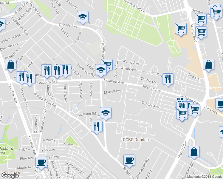 map of restaurants, bars, coffee shops, grocery stores, and more near 7228 Martell Avenue in Dundalk