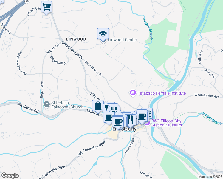 map of restaurants, bars, coffee shops, grocery stores, and more near 3612 Court House Drive in Ellicott City