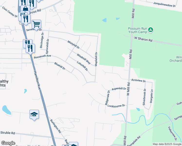 map of restaurants, bars, coffee shops, grocery stores, and more near 1840 Lotushill Drive in Cincinnati