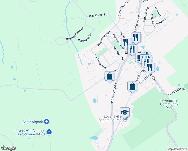 map of restaurants, bars, coffee shops, grocery stores, and more near 20 Mills Court in Lovettsville