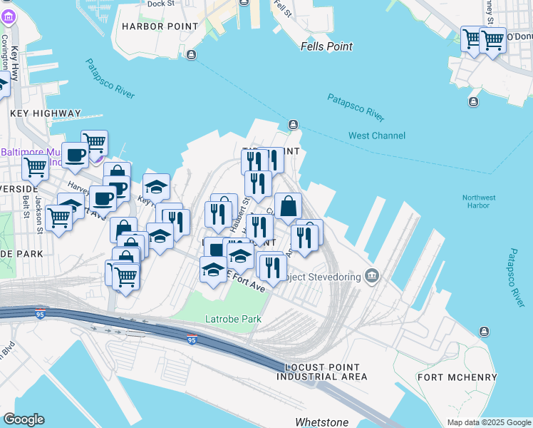 map of restaurants, bars, coffee shops, grocery stores, and more near 1243 Cooksie Street in Baltimore