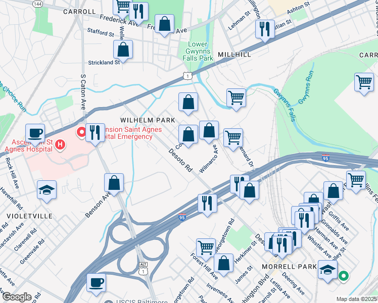 map of restaurants, bars, coffee shops, grocery stores, and more near 1101 Desoto Road in Baltimore