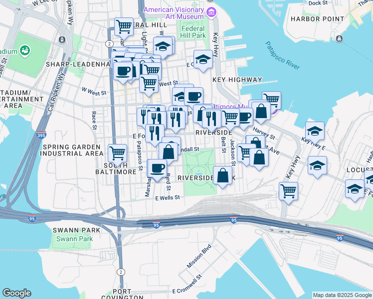 map of restaurants, bars, coffee shops, grocery stores, and more near 301 East Randall Street in Baltimore