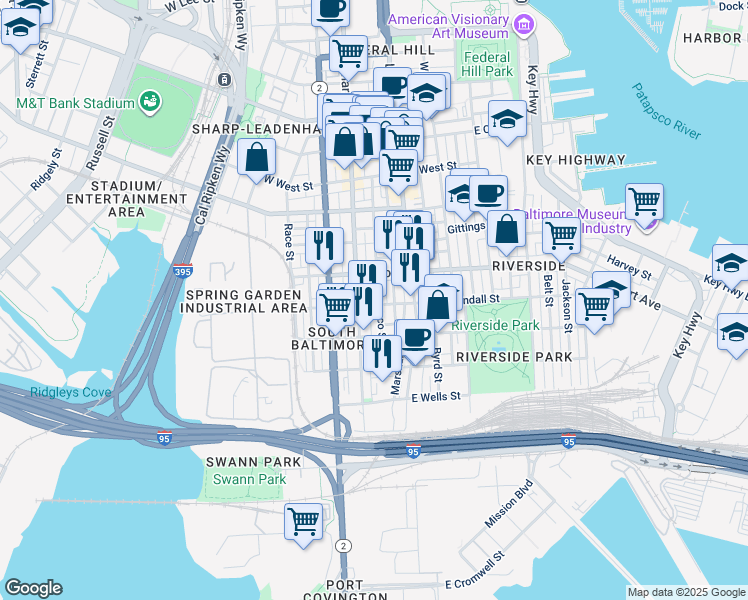 map of restaurants, bars, coffee shops, grocery stores, and more near 16 East Randall Street in Baltimore