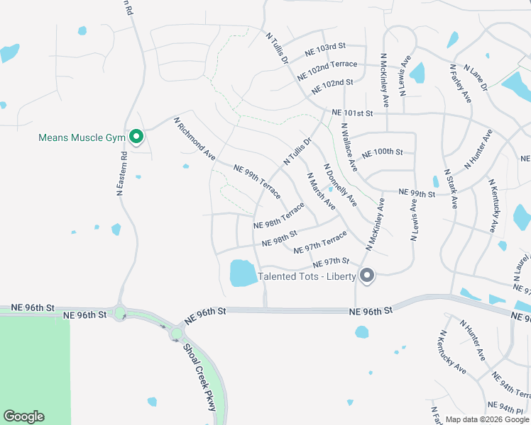 map of restaurants, bars, coffee shops, grocery stores, and more near 8114 Northeast 98th Terrace in Kansas City