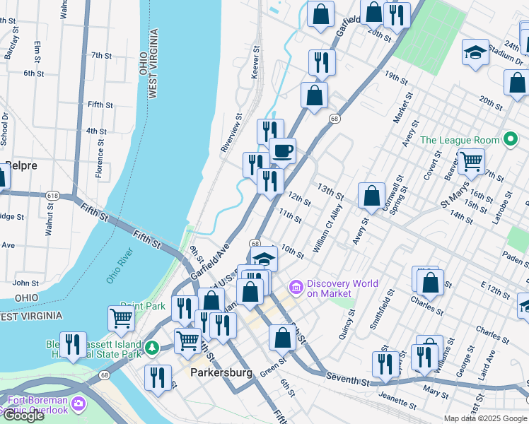 map of restaurants, bars, coffee shops, grocery stores, and more near 1033 Murdoch Avenue in Parkersburg