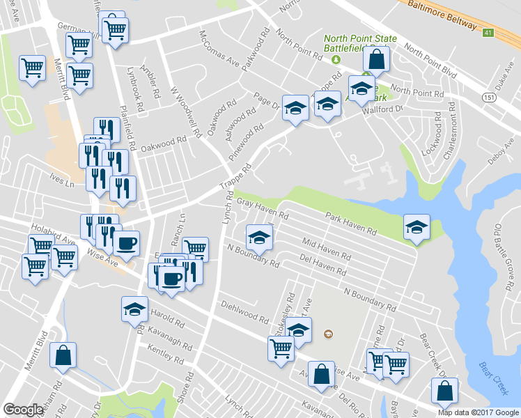 map of restaurants, bars, coffee shops, grocery stores, and more near 1609 Gray Haven Court in Dundalk