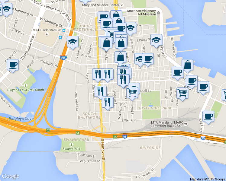 map of restaurants, bars, coffee shops, grocery stores, and more near 16 East Randall Street in Baltimore