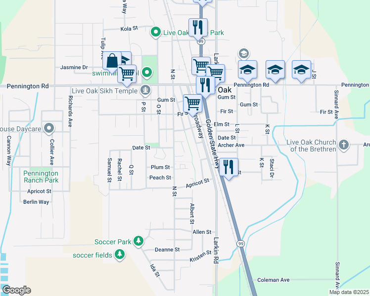 map of restaurants, bars, coffee shops, grocery stores, and more near 9688 Center St in Live Oak