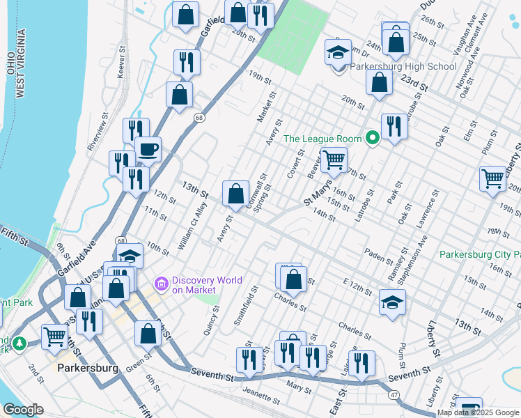 map of restaurants, bars, coffee shops, grocery stores, and more near 1306 Spring Street in Parkersburg