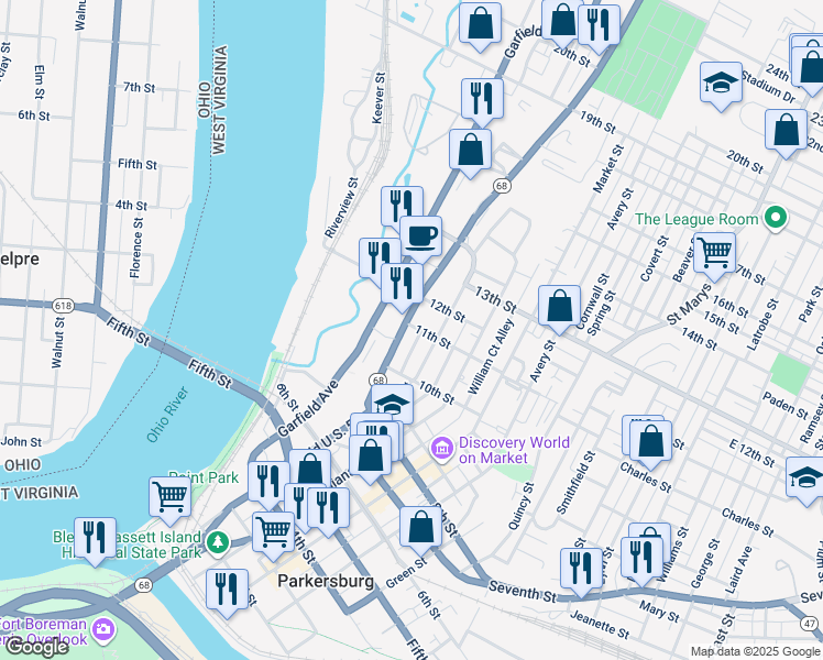 map of restaurants, bars, coffee shops, grocery stores, and more near 1033 Murdoch Avenue in Parkersburg