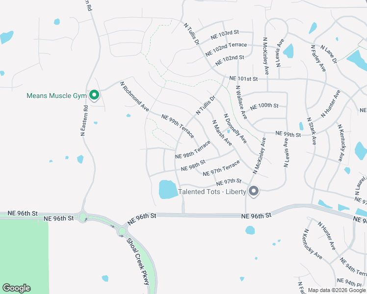 map of restaurants, bars, coffee shops, grocery stores, and more near 8114 Northeast 98th Terrace in Kansas City